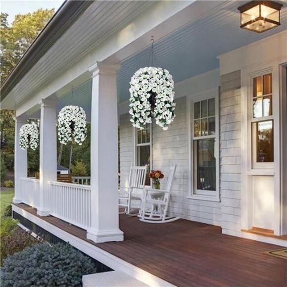 Artificial Faux Hanging White Flowers Plants Basket for Outdoor Outside - Picture 2 of 7